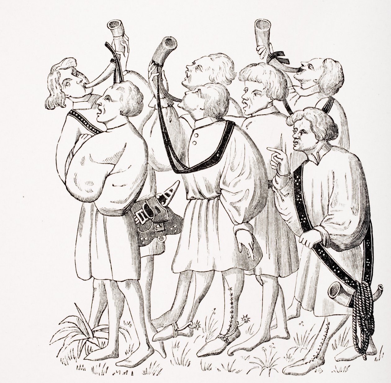 Kuinka huutaa ja puhaltaa sarvia 1400-luvun Phoebuksen käsikirjoituksen pienoismallin jälkeen Paul Lacroixin (1806-84) teoksesta "Le Moyen Age et La Renaissance", julkaistu 1847 tekijältä French School