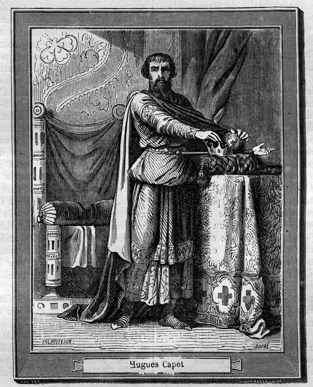 Hugues Capet (940-996), frankkien kuningas (alhaalla) Maurice Lachatren kaiverrus teokseen "Paavien-kuninkaiden-kuningattaren ja keisarien historia vuosisatojen ajan" tekijältä French School