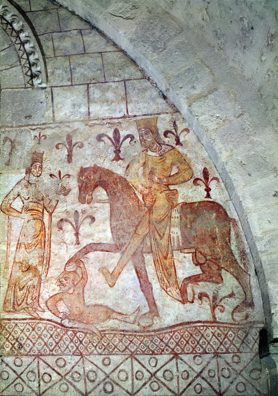 Hugues IX (n. 1163-1219) Lusignan voitti Nur al-Dinin (1116-74) Syyriassa (seinämaalaus) tekijältä French School