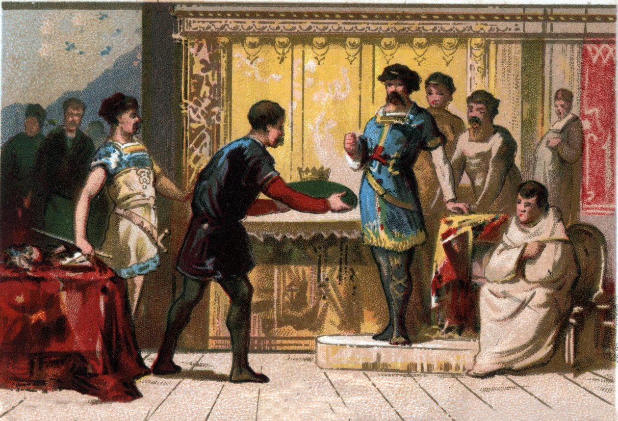 Hugues Suuri (897-956) kruunaa Burgundin Raoulin tai Rodolphen (noin 890-936), Burgundin herttuan ja Ranskan kuninkaan. 1800-luvun lopun kromolitografia. tekijältä French School