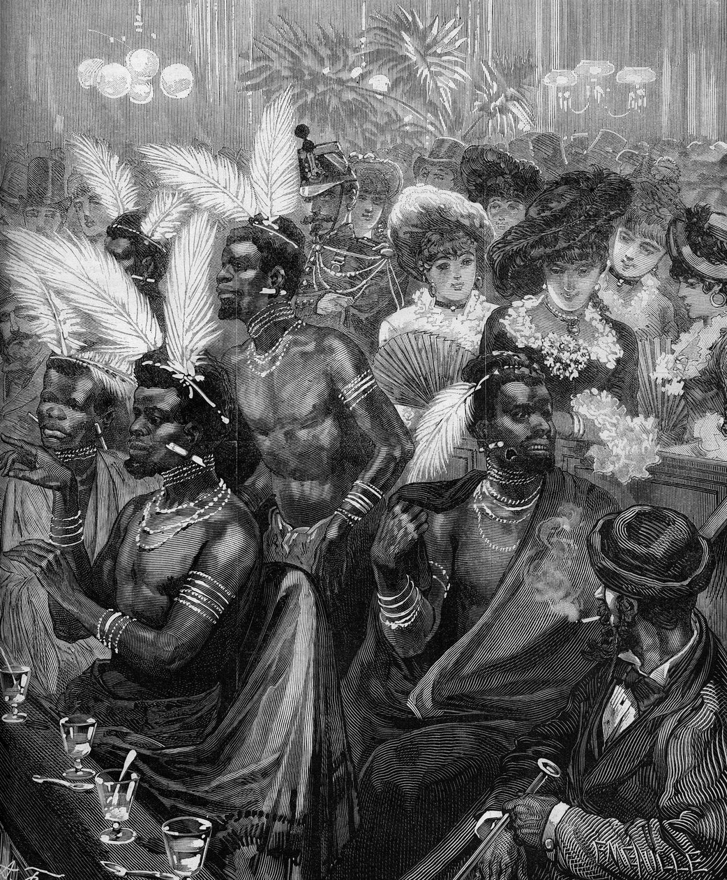 Ihmiseläintarha: Zulusoturit näytteillä majassa Cabaret des Folies Bergeresissä (Folies-Bergeres) Pariisissa vuonna 1879. Kaiverrus "" Le Monde Illustré" -julkaisussa nro 1178, 21. marraskuuta 1879. tekijältä French School