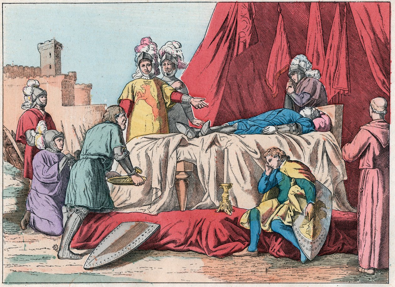 Satavuotinen sota: "" La mort de Bernard du Guesclin (1320-1380) Devant Chateauneuf de Randon le 13/07/1380" - Duguesclinin kuolema (Chateauneuf-de-Randonin piirityksen aikana 13. heinäkuuta 1380) - Kaiverrus 1800-luvun lopusta "" Nos Gires -kirjaan tekijältä French School