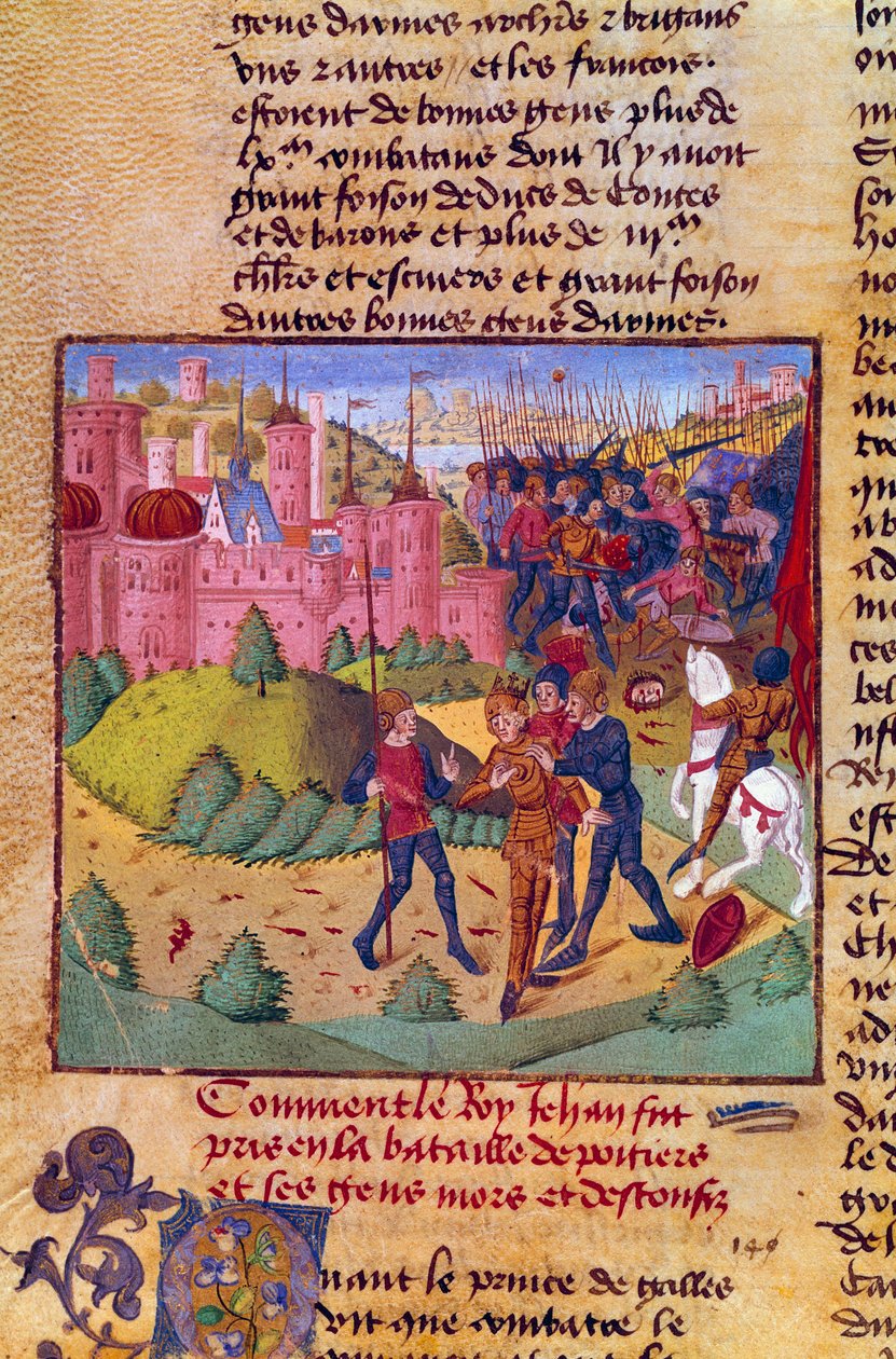Satavuotinen sota: "Ranskan kuningas Johannes II Hyvä (1319-1364) joutuu englantilaisten vangiksi Poitiersin taistelussa 19.9.1356" Pienoiskuva Jean Froissartin (1337-1400) kronikoista 1400-luvulta Chantilly, Musee Conde. tekijältä French School