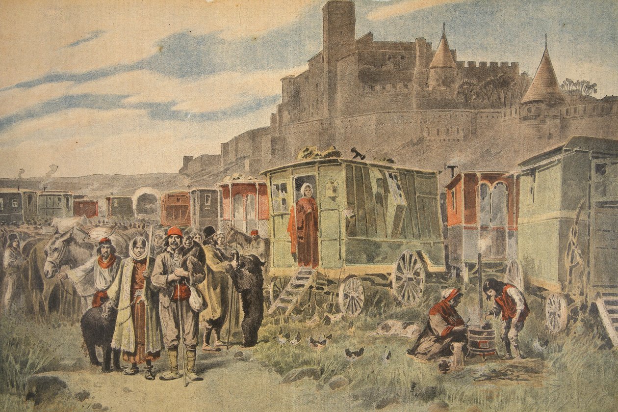 Unkarilaiset mustalaiset Carcassonnen ulkopuolella, kuva Le Petit Journalista: Supplement illustre, 18. joulukuuta 1898 tekijältä French School