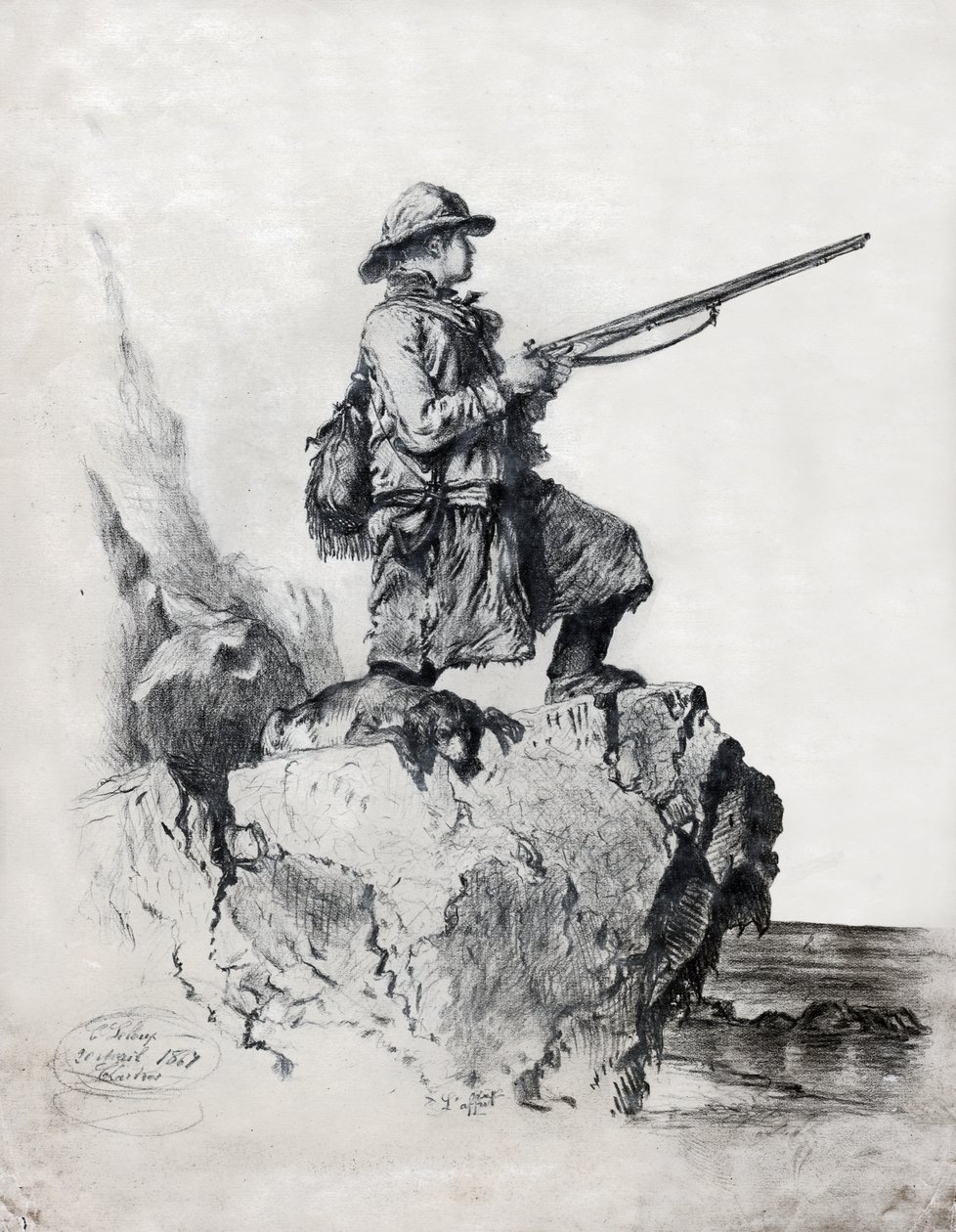 Hunter koiransa kanssa. (piirustus tekijältä French School