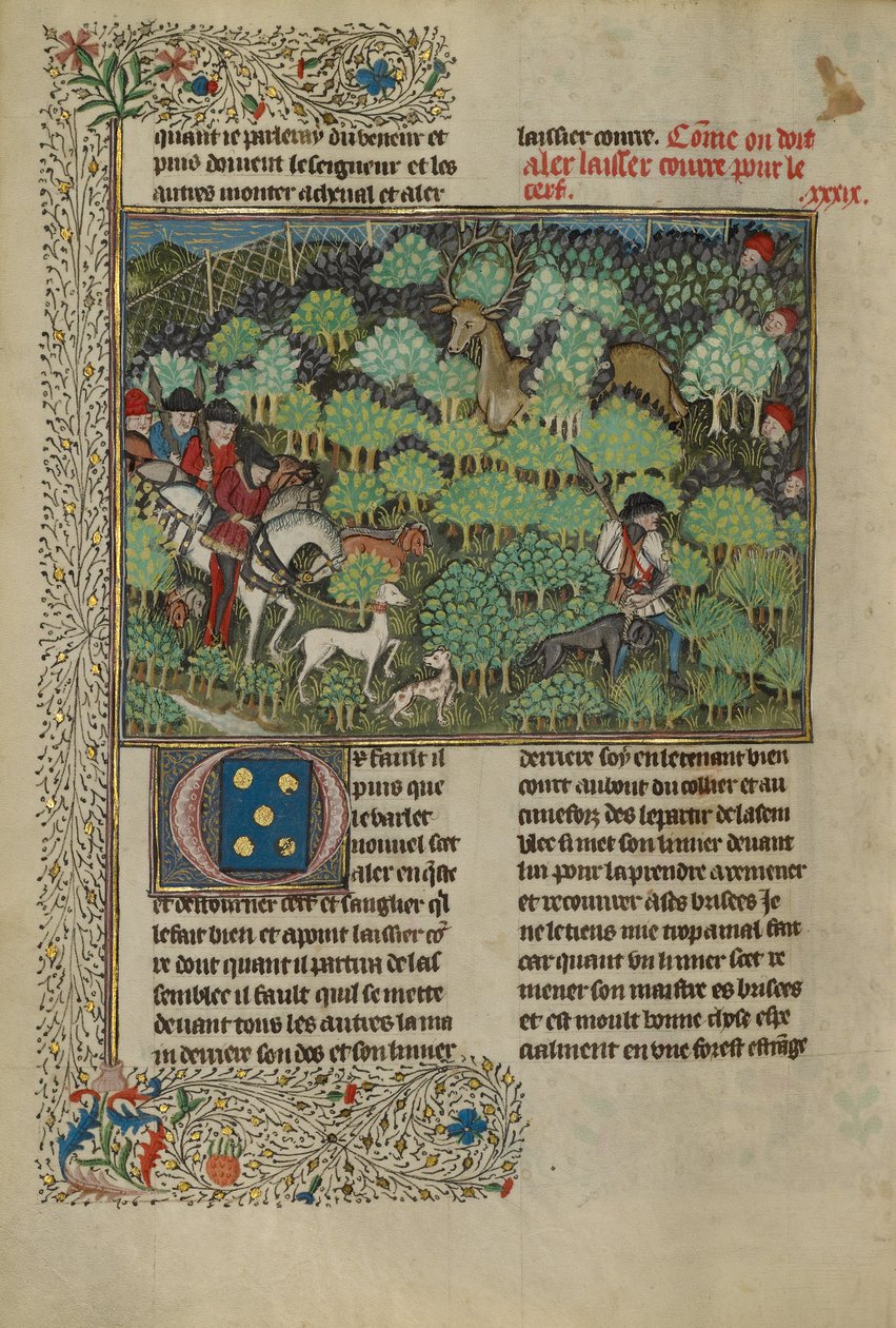 Metsästäjät peuraa jahtaamassa, n.1430-40 (temperavärit, kultamaali, hopea ja lehtikulta). tekijältä French School