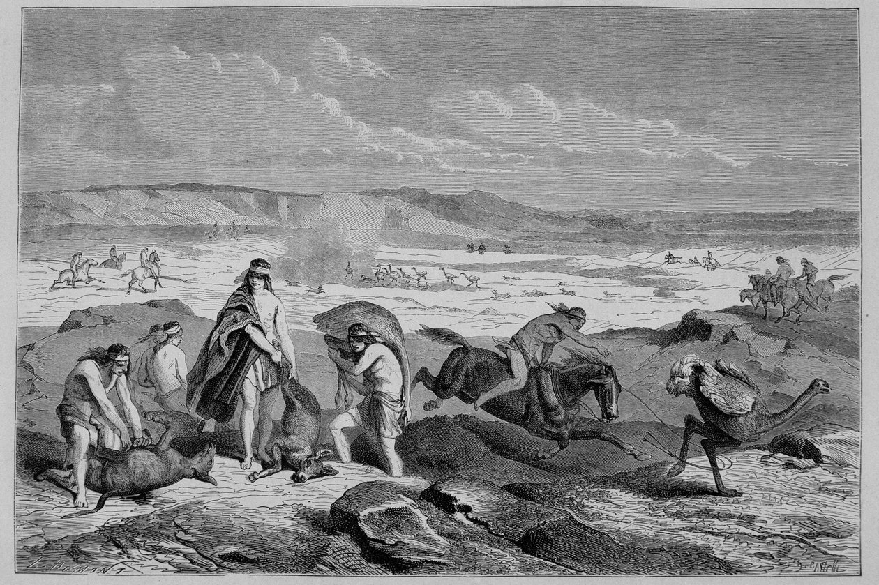Guanakon (villi lama) ja nandoun (tai patagonian strutsi) metsästys Argentiinassa - Tour du Mondessa, 2. viikko 1861 tekijältä French School
