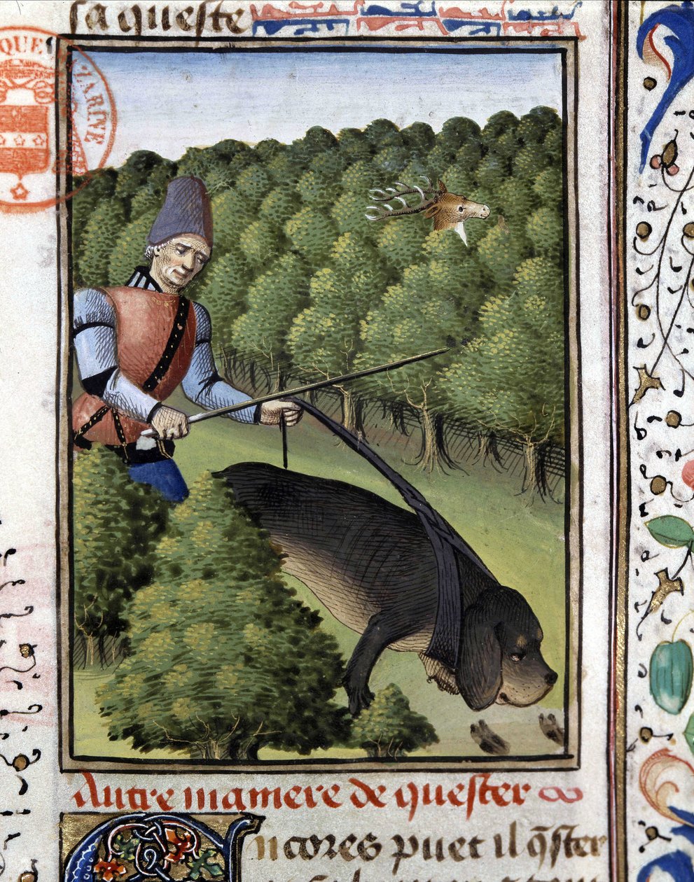 Metsästyskohtaus: koira jäljittelee peuroja (hohto) - "" The Hunting Book of Gaston Phoebus, Count of Foix, Lord of Béarn"" tekijältä French School