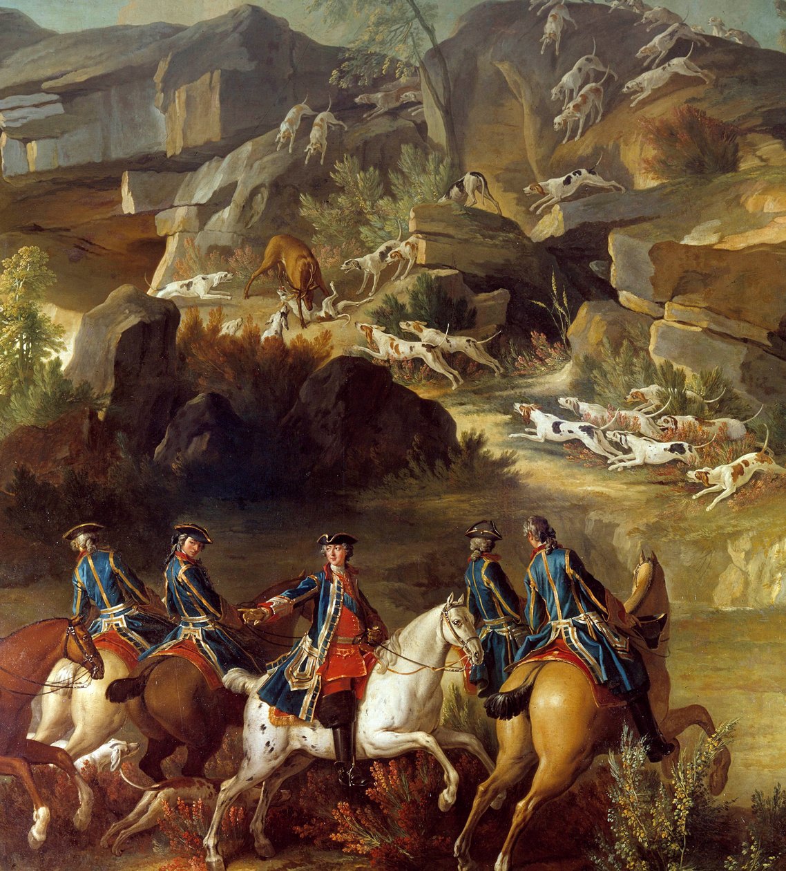 Metsästyspaikka juoksi. Ratsastajat ovat menossa kohti koirien vangitsemaa hirveä. Yksityiskohta nimettömästä 1700-luvun maalauksesta. Gien, metsästysmuseo tekijältä French School