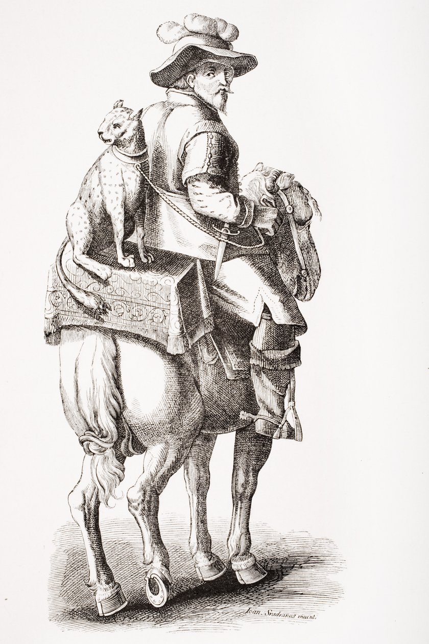 Metsästystä leopardin kanssa, Jan Stradanin (1523-1605) mukaan, Paul Lacroixin (1806-84) teoksesta "Le Moyen Age et La Renaissance", julkaistu 1847 tekijältä French School