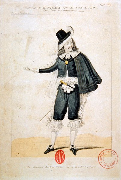 Hurteaux lordi Enrico Ashtonin roolissa Gaetano Donizettin (1797-1848) oopperassa Lucie de Lammermoor (värikaiverrus) tekijältä French School