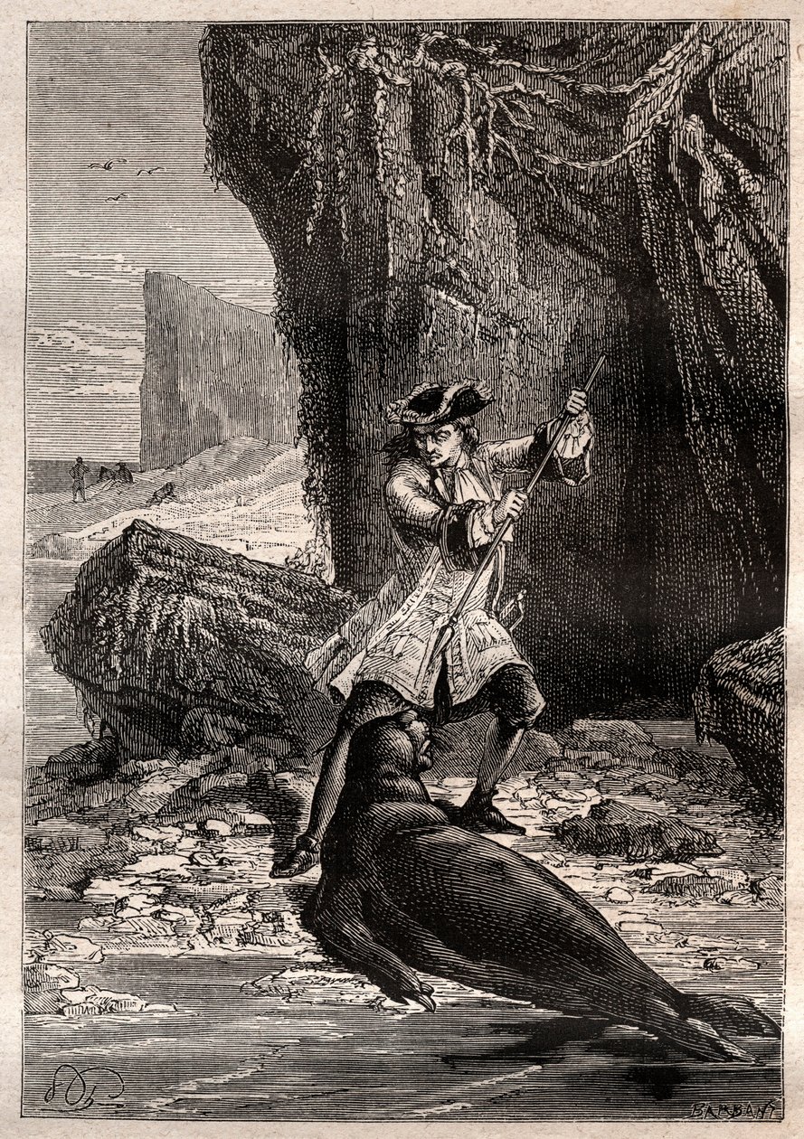 Työnsin lapioni hänen rintaansa: merikoira (hylje) hyökkäsi Woodes Rogersin (1679-1732) kimppuun yhdellä Tyynenmeren Galapagossaarella vuonna 1709 - kuva otettu teoksesta "1700-luvun suuret merimiehet" tekijältä French School