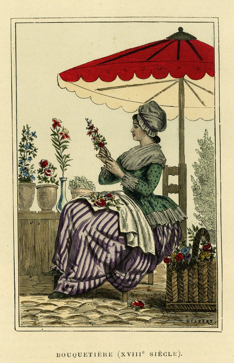 1700-luvun kivikautinen puku. Värikaiverrus, teoksessa "France et les francais a travers les centuries" (Ranska ja ranskalaiset vuosisatojen kuluessa), Augustin Challamel, F.Roy, Pariisi 1882. Selvan kokoelma. tekijältä French School