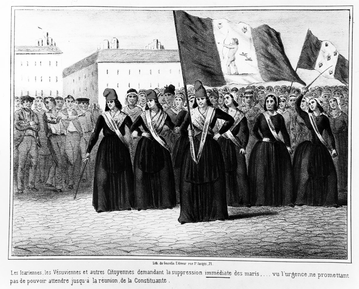Ikarialaiset ja vesuvilaiset vaativat aviomiesten välitöntä tukahduttamista sarjasta sarjakuvia Ranskan vallankumouksen tapahtumista vuoden 1848 aikana. Gosselin julkaisi Pariisissa vuonna 1848. tekijältä French School