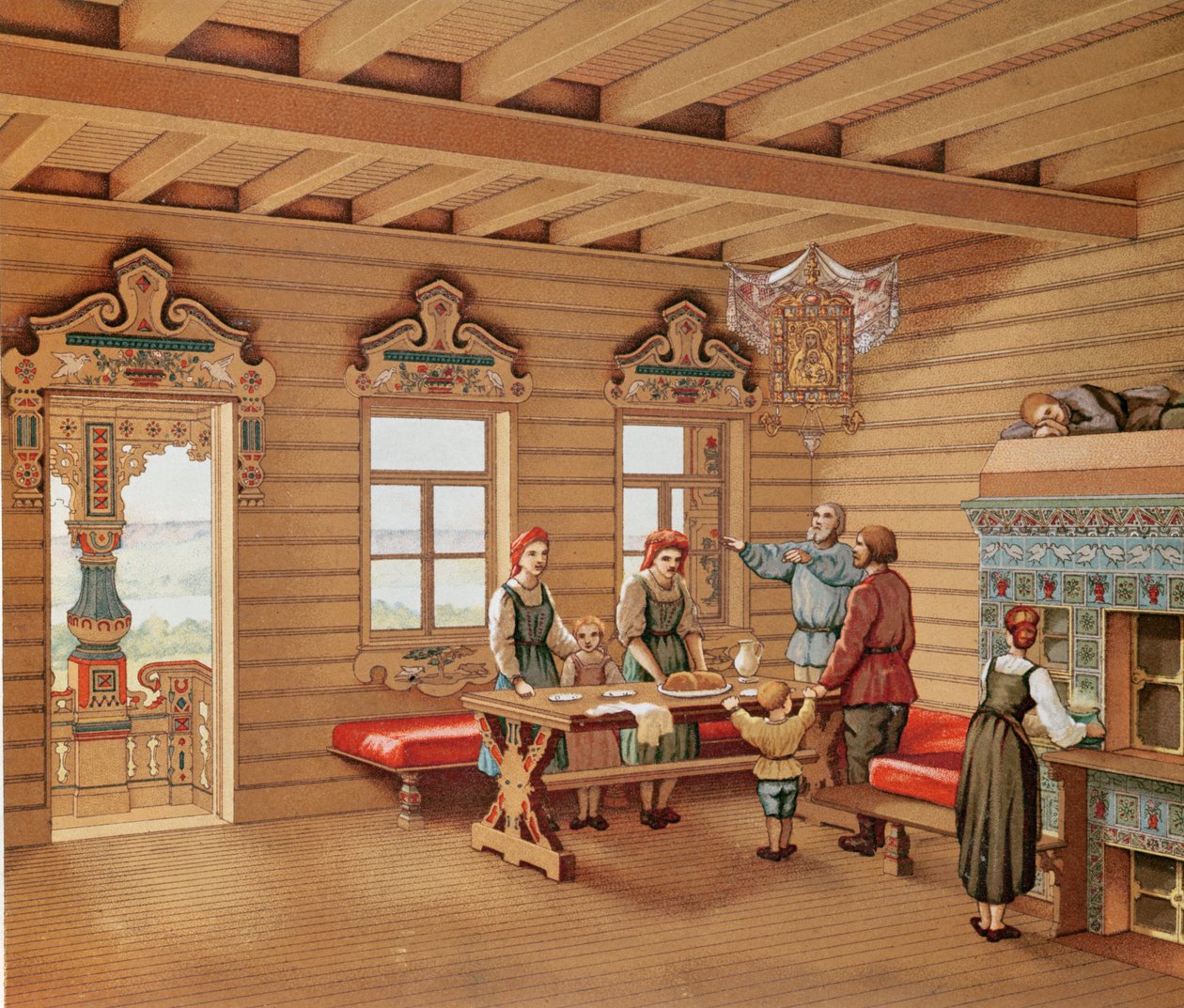 Venäläisen izban idealisoitu sisustus, n. 1880 (värikaiverrus) tekijältä French School