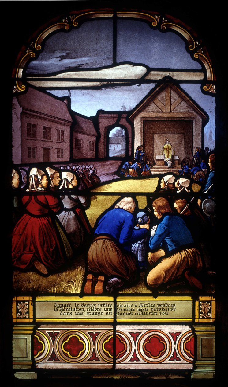 Ignace Le Garrec, kirkkoherra pappi Kerlazissa vallankumouksen aikana, viettää viimeistä seurakunnan messua Caouëtin navetassa tammikuussa 1793 - lasimaalauksia St Germainin kirkosta Kerlazissa tekijältä French School