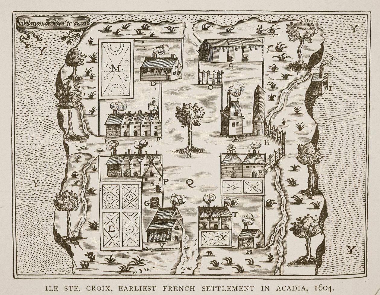 Ile Ste. Croix, varhaisin ranskalainen siirtokunta Acadiassa, 1604, Samuel de Champlainin (n. 1580-1635) Voyagesista, 1613 tekijältä French School
