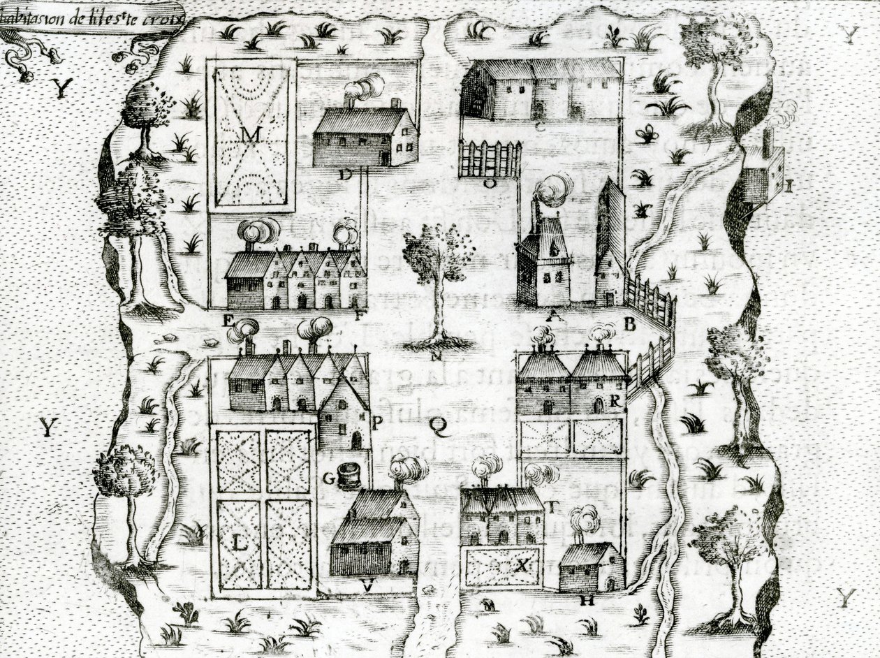 Ile Ste. Croix, varhaisin ranskalainen siirtokunta Acadiassa, 1604, Samuel de Champlainin (n. 1580-1635) teoksista Voyages, 1613 tekijältä French School