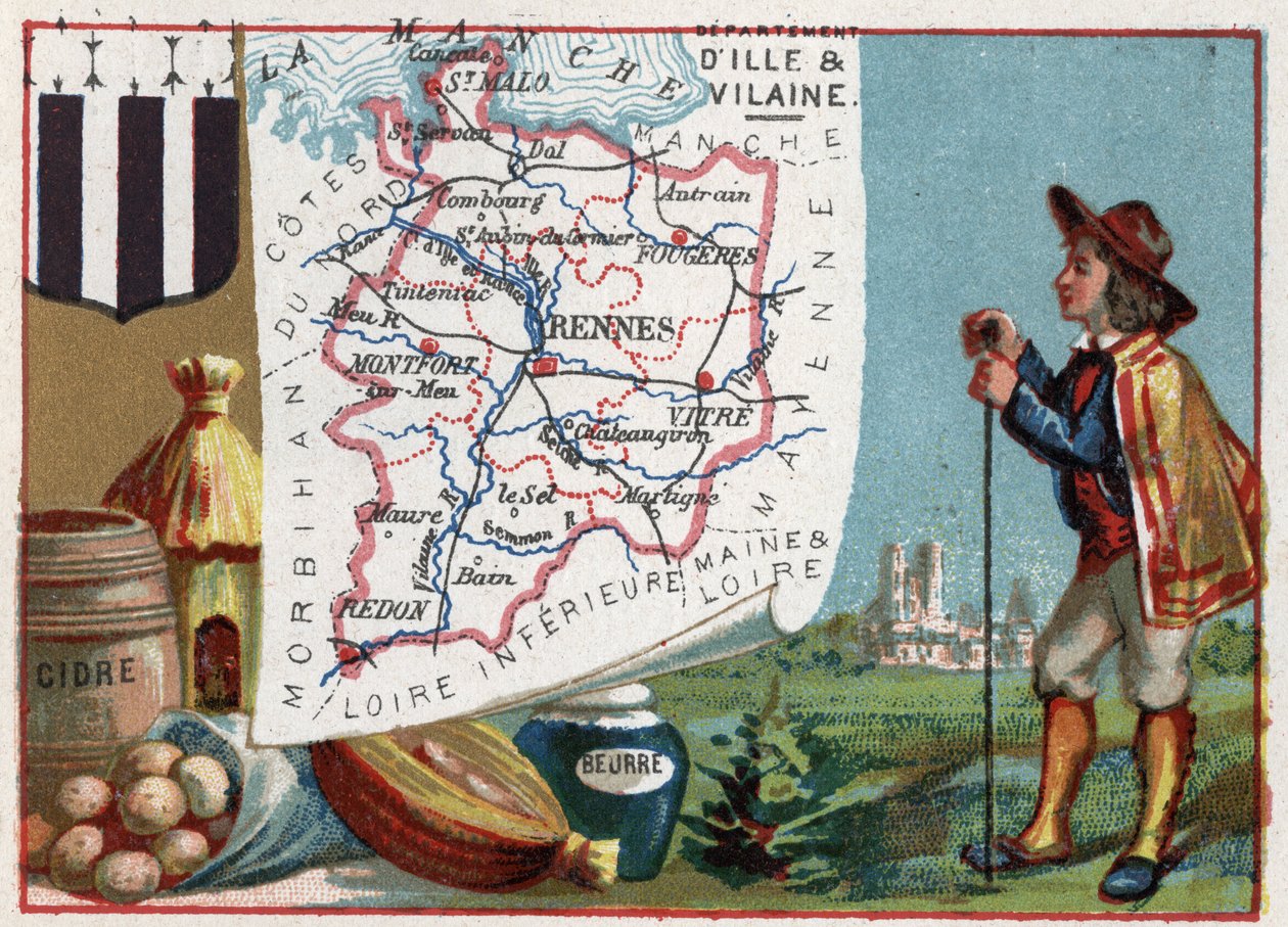 Ille-et-Vilaine (Ille et Vilaine, 35), Bretagne, Ranska. Siideri ja voita. Sarja Ranskan departementeista. Kromolitografia (Chromo) "" maantieteellinen lanka"", noin 1920. Yksityinen kokoelma. tekijältä French School