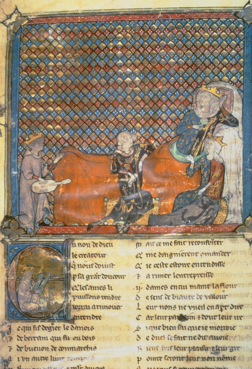 Antologian valaistu sivu, jossa vasemmalta oikealle, Adenet le Roi, herttua Henryn pappi; Flanderin kreivi Guy; Marie, Ranskan kuningatar ja Philip rohkean vaimo (1342-1404); ja Mada tekijältä French School