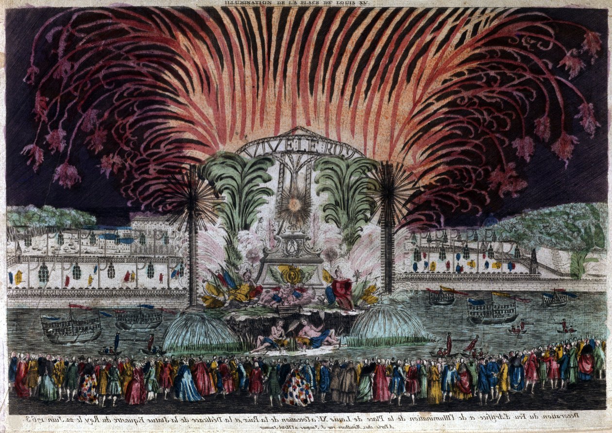 Valaistus ja ilotulitus Place Ludvig XV Pariisissa rauhan ja kuninkaan ratsaspatsaan vihkimisen kunniaksi 22. kesäkuuta 1763. Privee Collection tekijältä French School