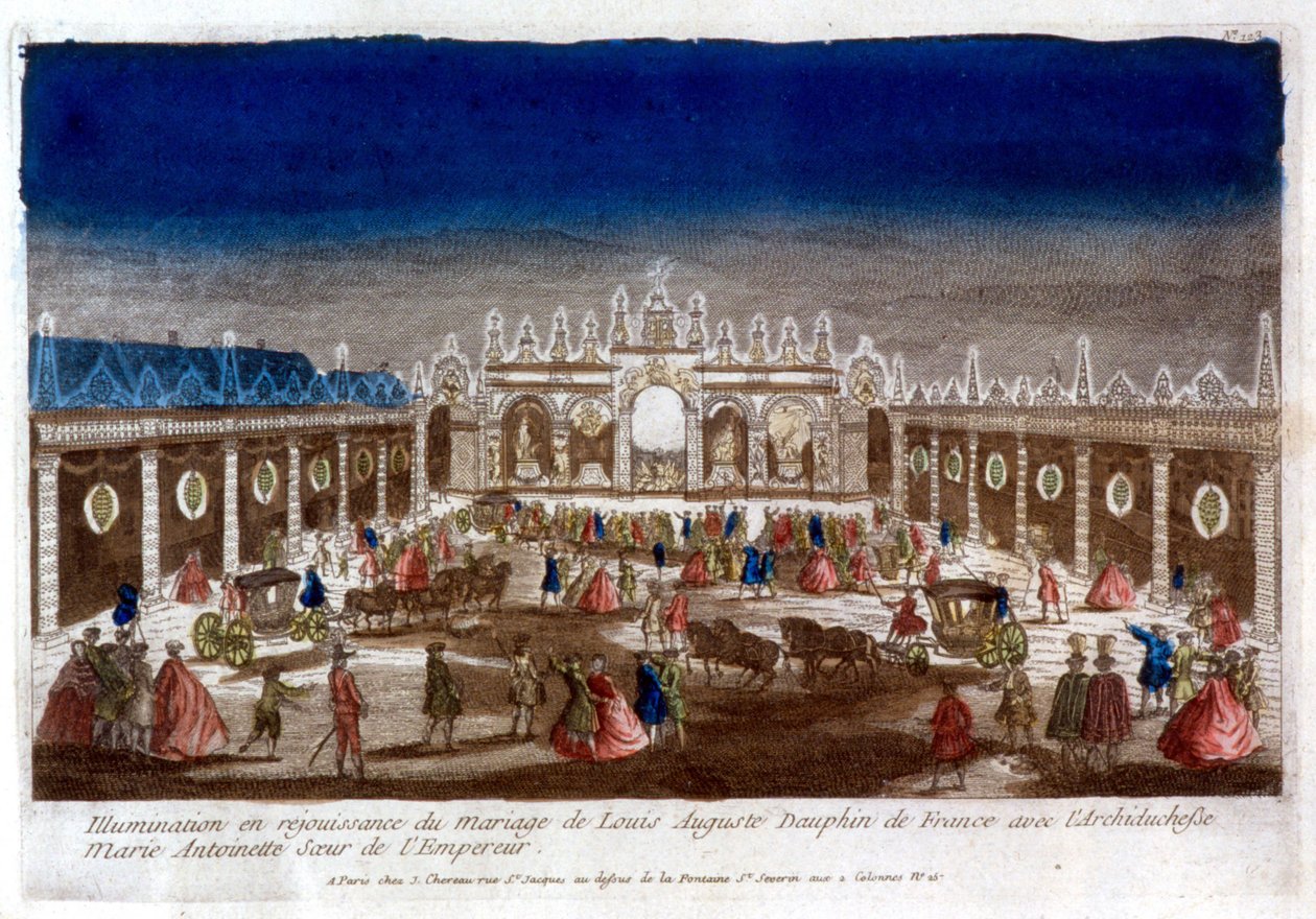 Valaistus juhlistamaan Louis Augusten, ranskalaisen delfiinin (Louis XVI) häitä arkkiherttuatar Marie Antoinetten, keisarin sisaren kanssa - kaiverrus tekijältä French School