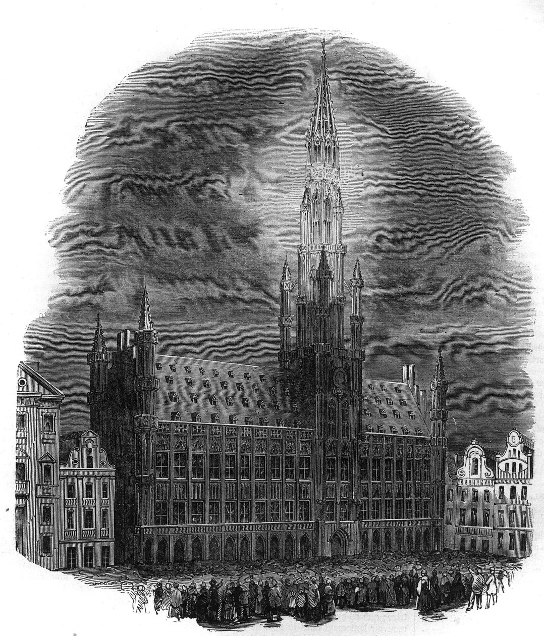 Brysselin kaupungintalon valaistus 26. syyskuuta 1864 Belgian Alankomaiden herruudesta vapauttaneiden taistelujen vuosipäivänä. M.D.A.:n luonnoksesta. Kaiverrus kirjaan "The Illustrous Universe" tekijältä French School