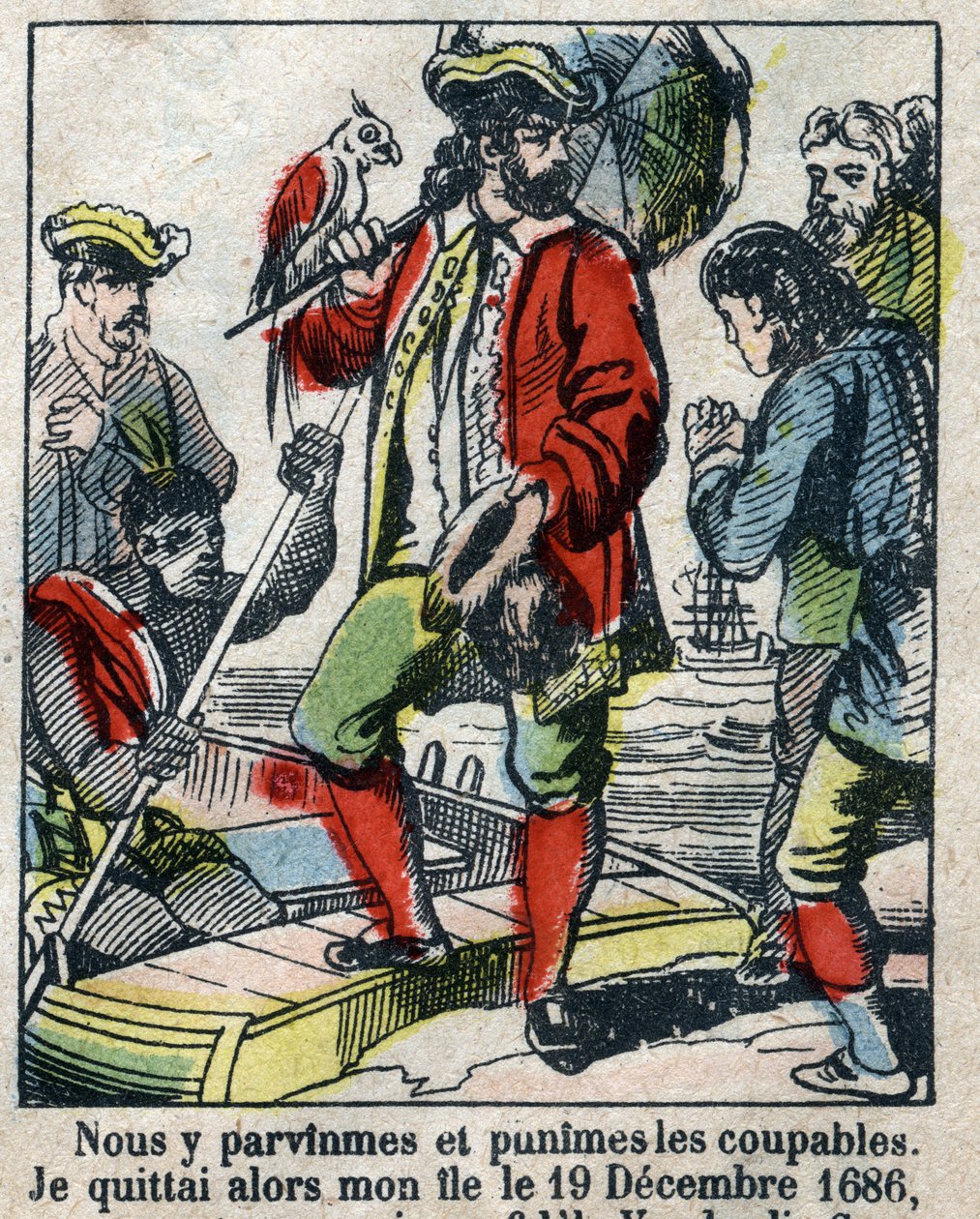 Kuvitus Daniel Defoen kirjalle (De foe) "" Robinson Crusoe"". Epinaalikuvaus 1800-luvun lopulta. tekijältä French School