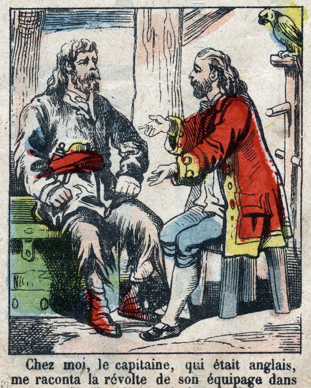 Kuvitus Daniel Defoen kirjaan (De foe) "" Robinson Crusoe"". Epinaalikuvaus 1800-luvun lopulta. tekijältä French School