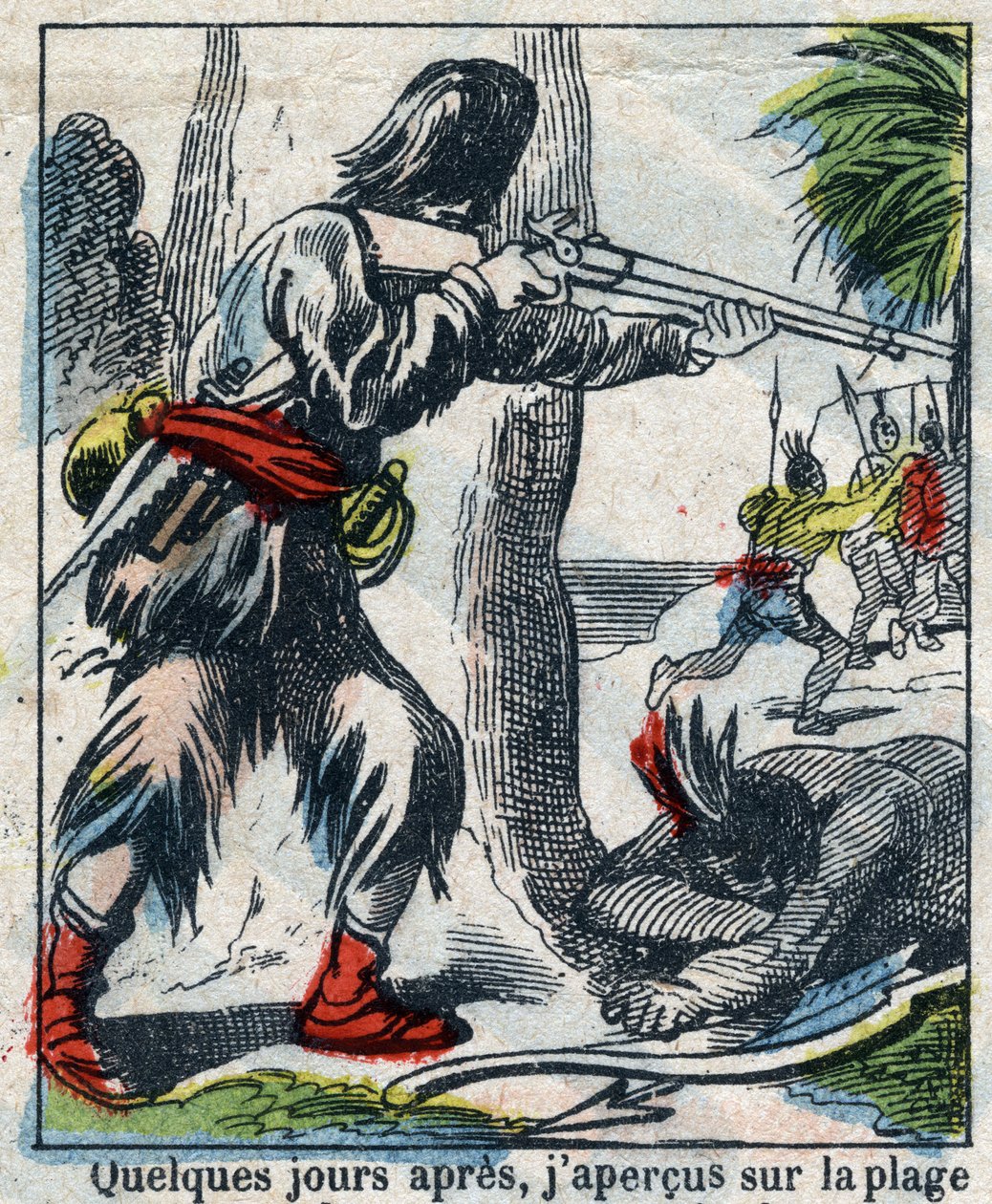 Kuvitus Daniel Defoen kirjaan (De foe) "" Robinson Crusoe"". Epinaalikuvaus 1800-luvun lopulta. tekijältä French School