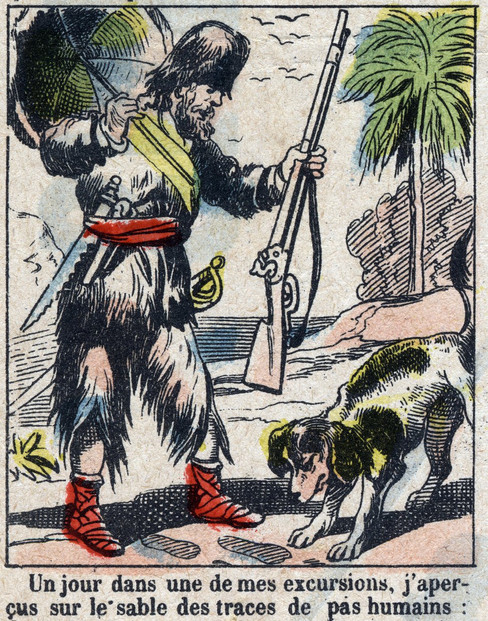 Kuvitus Daniel Defoen kirjaan (De foe) "" Robinson Crusoe"". Epinaalikuvaus 1800-luvun lopulta. tekijältä French School