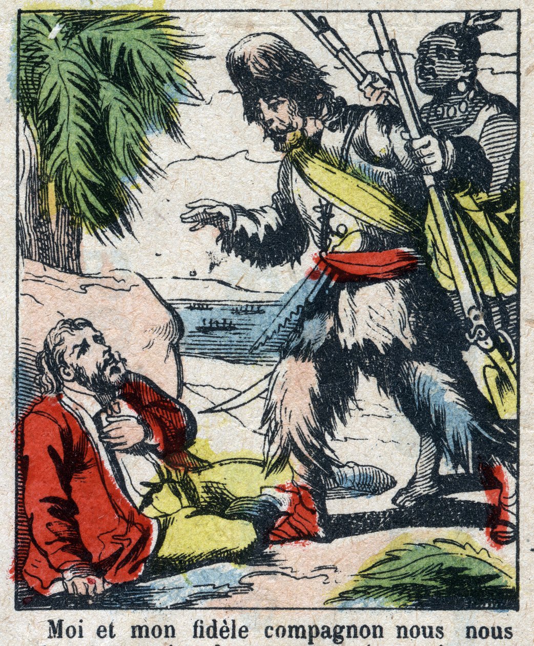 Kuvitus Daniel Defoen kirjaan (De foe) "" Robinson Crusoe"". Epinaalikuvaus 1800-luvun lopulta. tekijältä French School