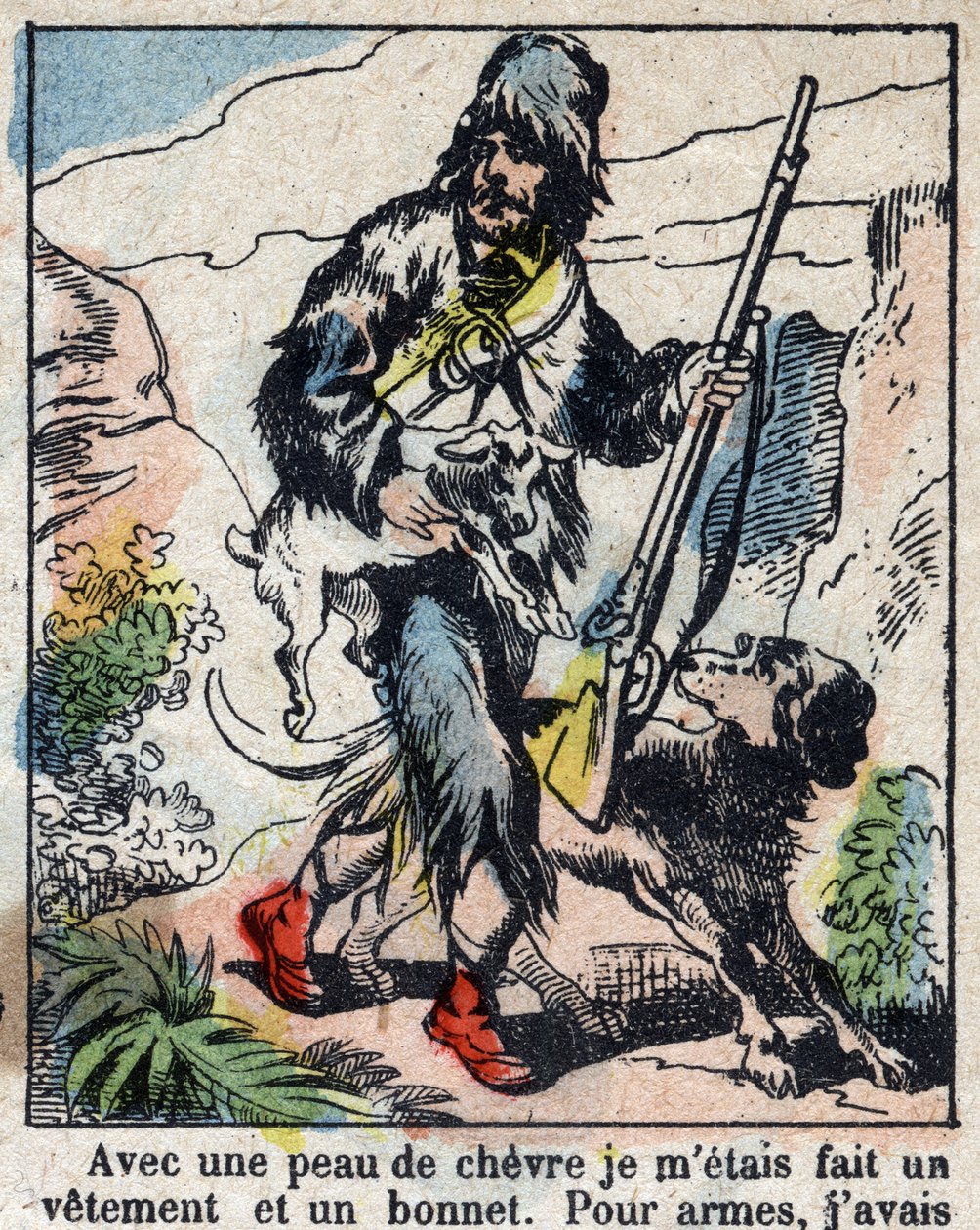 Kuvitus Daniel Defoen kirjaan (De foe) "" Robinson Crusoe"". Epinaalikuvaus 1800-luvun lopulta. tekijältä French School