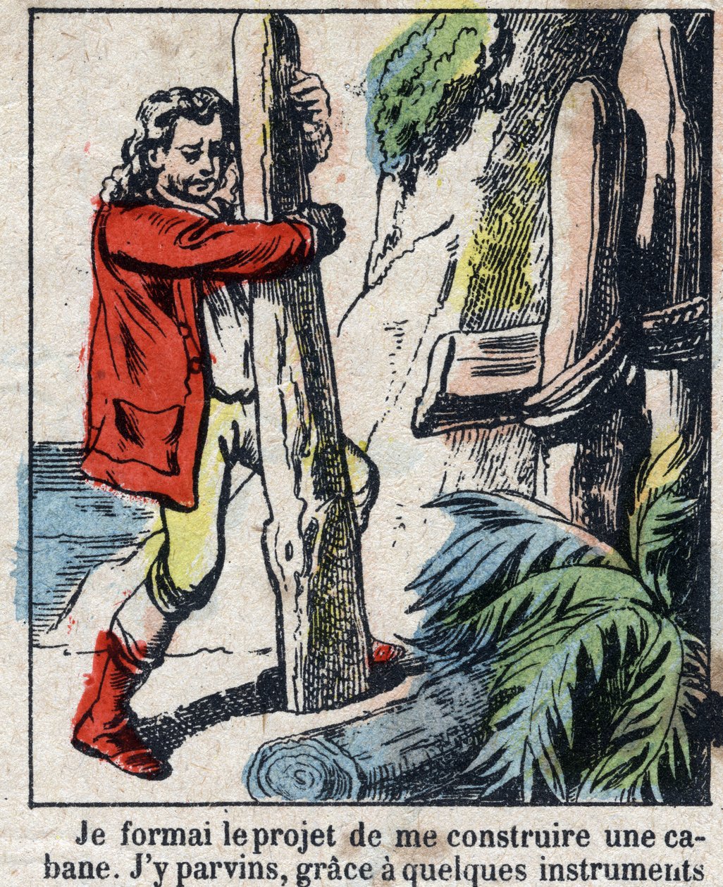 Kuvitus Daniel Defoen kirjaan (De foe) "" Robinson Crusoe"". Epinaalikuvaus 1800-luvun lopulta. tekijältä French School