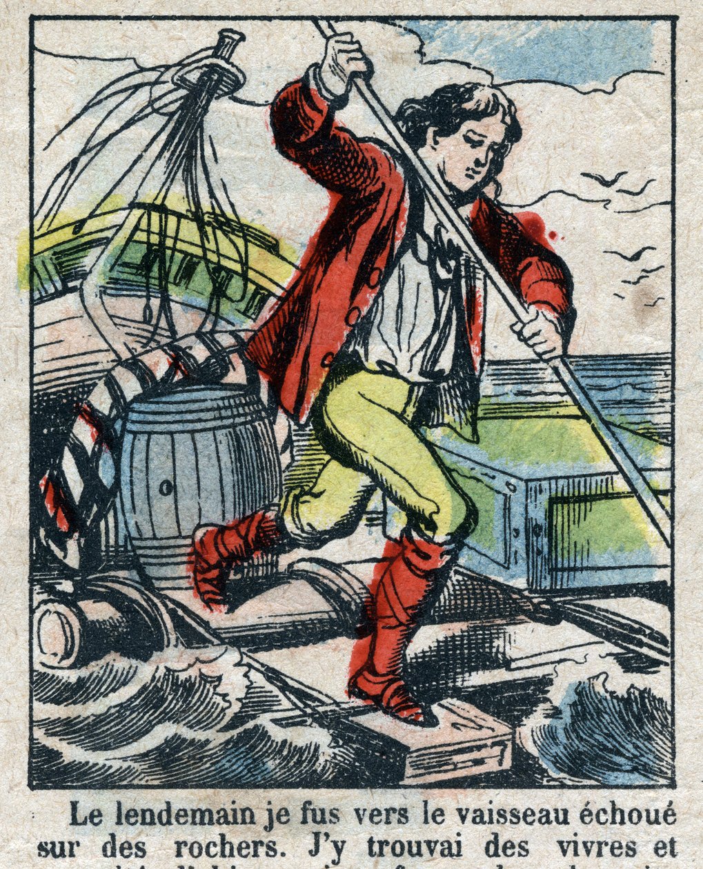 Kuvitus Daniel Defoen kirjaan (De foe) "" Robinson Crusoe"". Epinaalikuvaus 1800-luvun lopulta. tekijältä French School