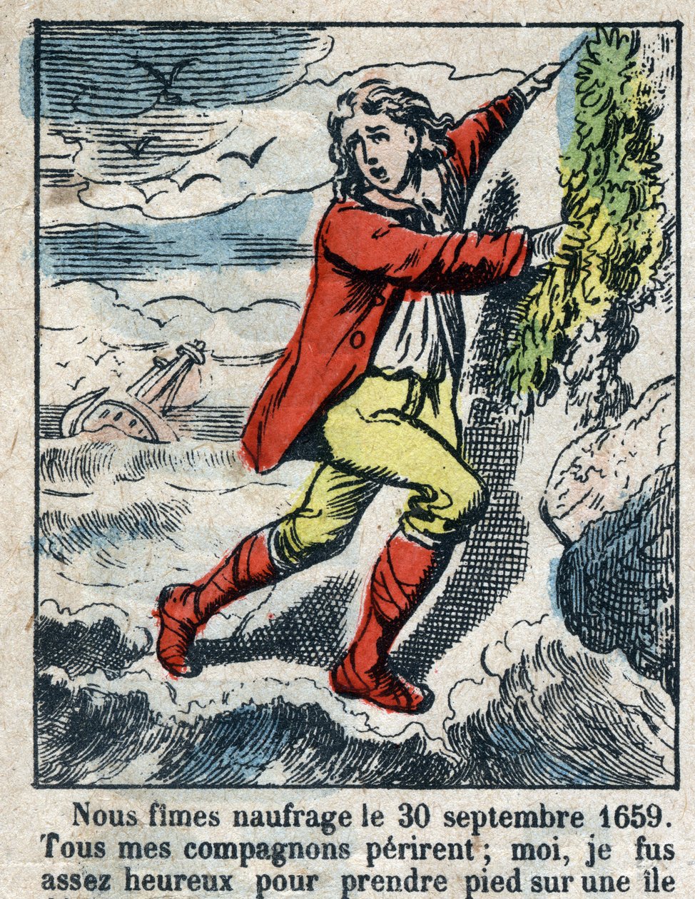 Kuvitus Daniel Defoen kirjaan (De foe) "" Robinson Crusoe"". Epinaalikuvaus 1800-luvun lopulta. tekijältä French School