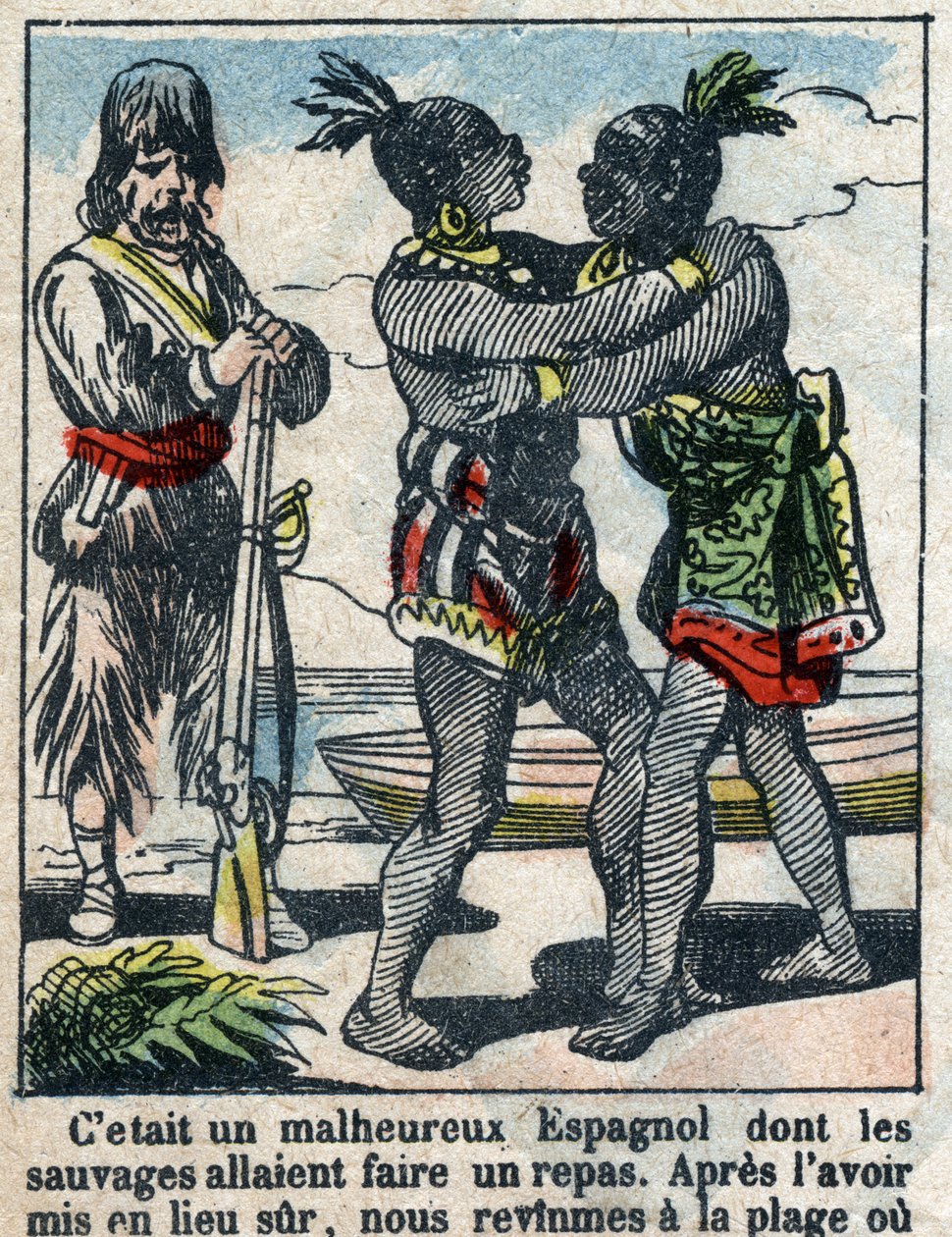 Kuvitus Daniel Defoen kirjaan (De foe) "" Robinson Crusoe"". Epinaalikuvaus 1800-luvun lopulta. tekijältä French School