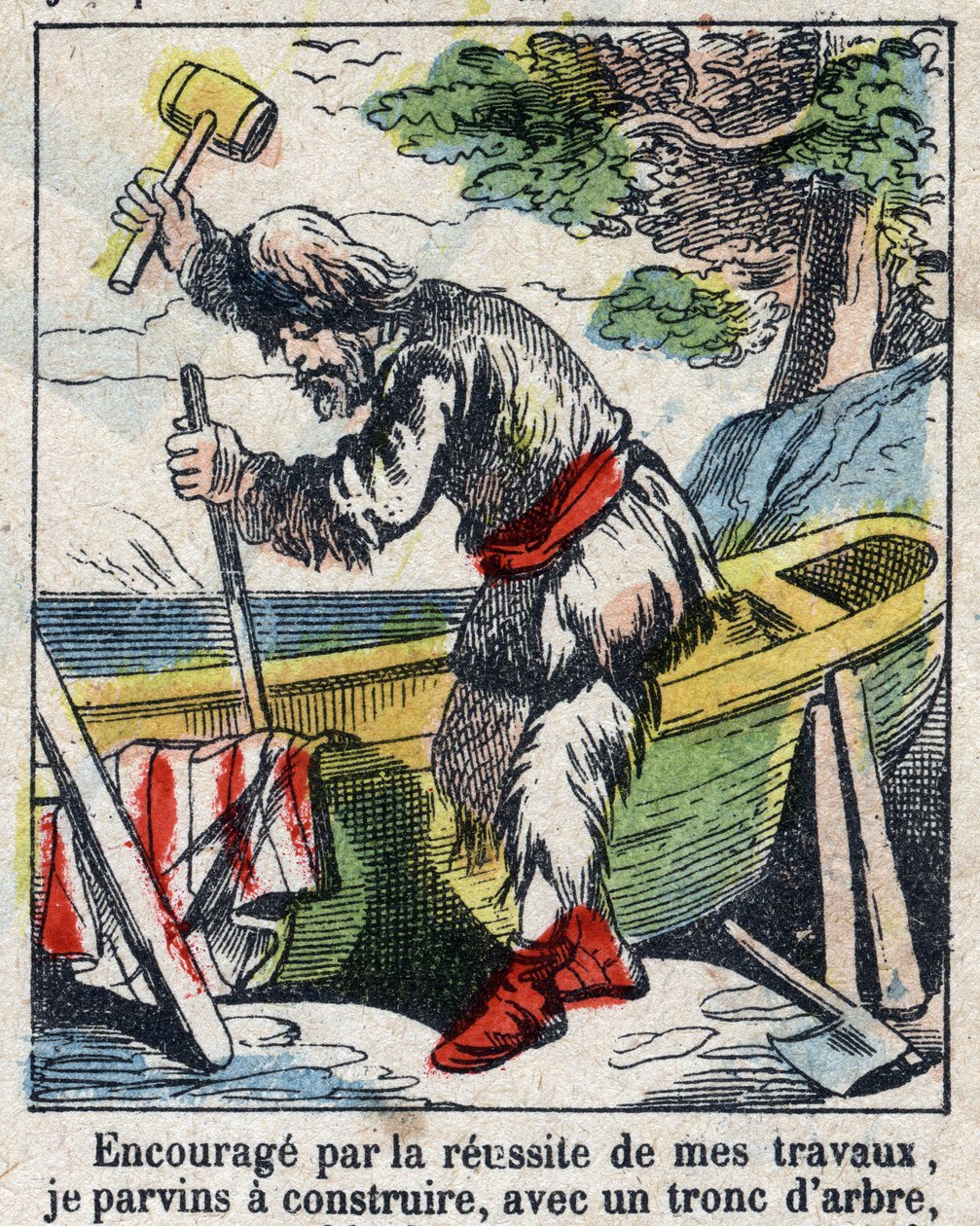 Kuvitus Daniel Defoen kirjaan (De foe) "" Robinson Crusoe"". Epinaalikuvaus 1800-luvun lopulta. tekijältä French School