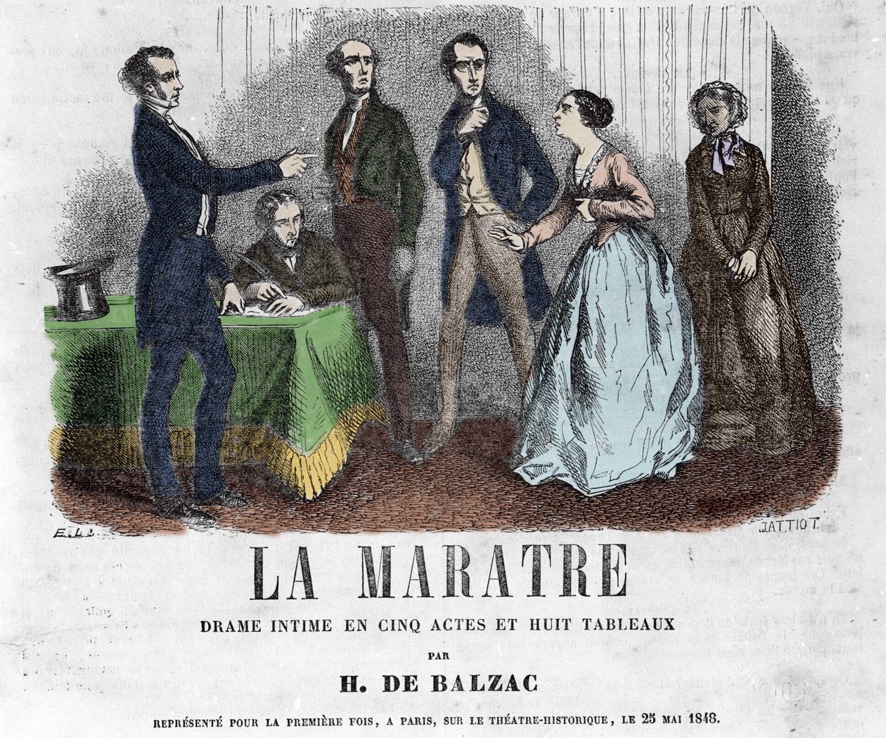 Kuvitus "" La Maratre" -draamalle viidessä näytöksessä ja kahdeksassa maalauksessa, jonka on kirjoittanut Honore de Balzac. tekijältä French School