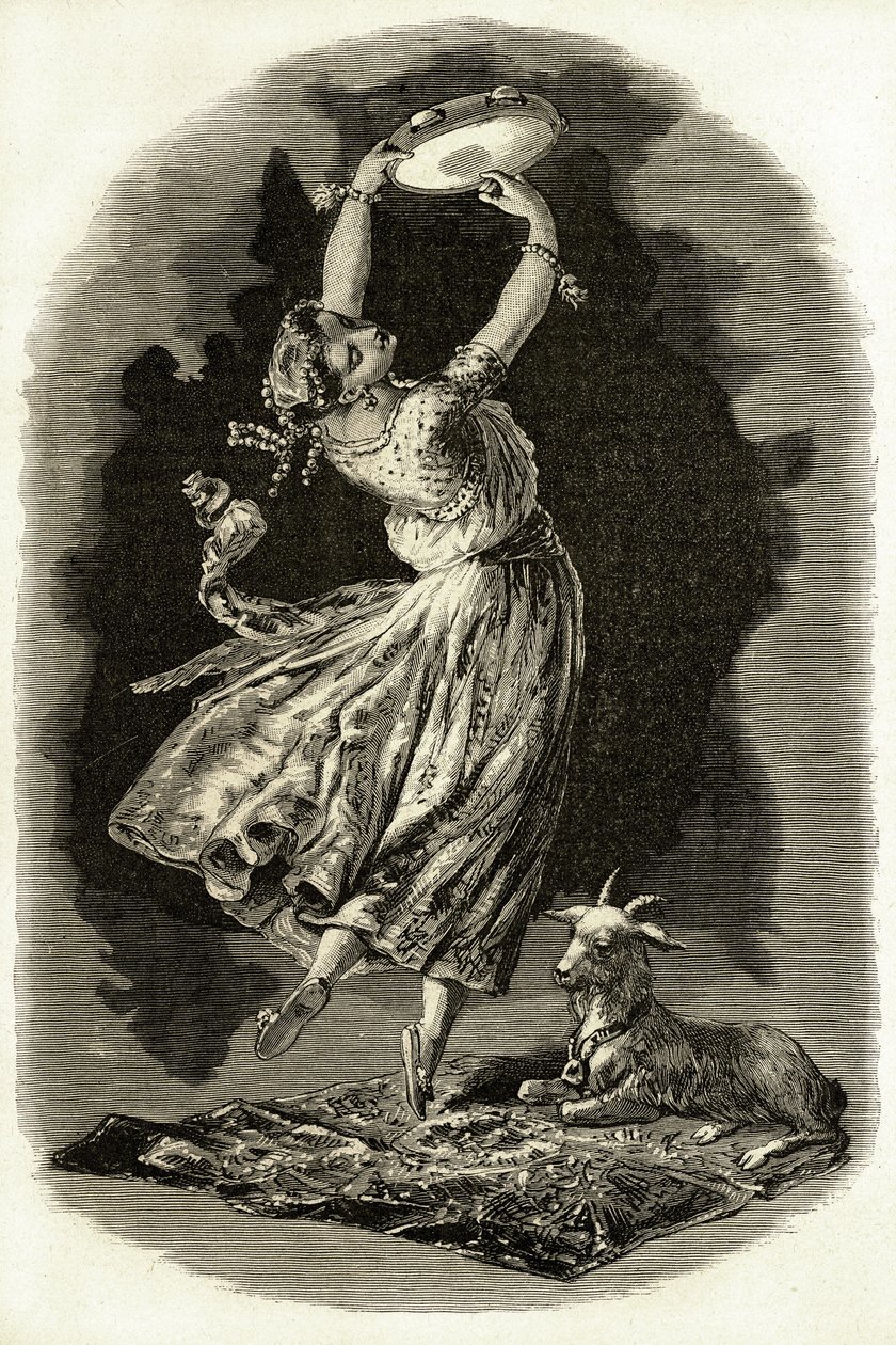 Kuvitus Victor Hugon "Notre-Dame de Paris" -kappaleeseen: Esmeralda tanssii tamburiinia soittaen vuohinsa vieressä 1900-luvun alussa (litho) tekijältä French School