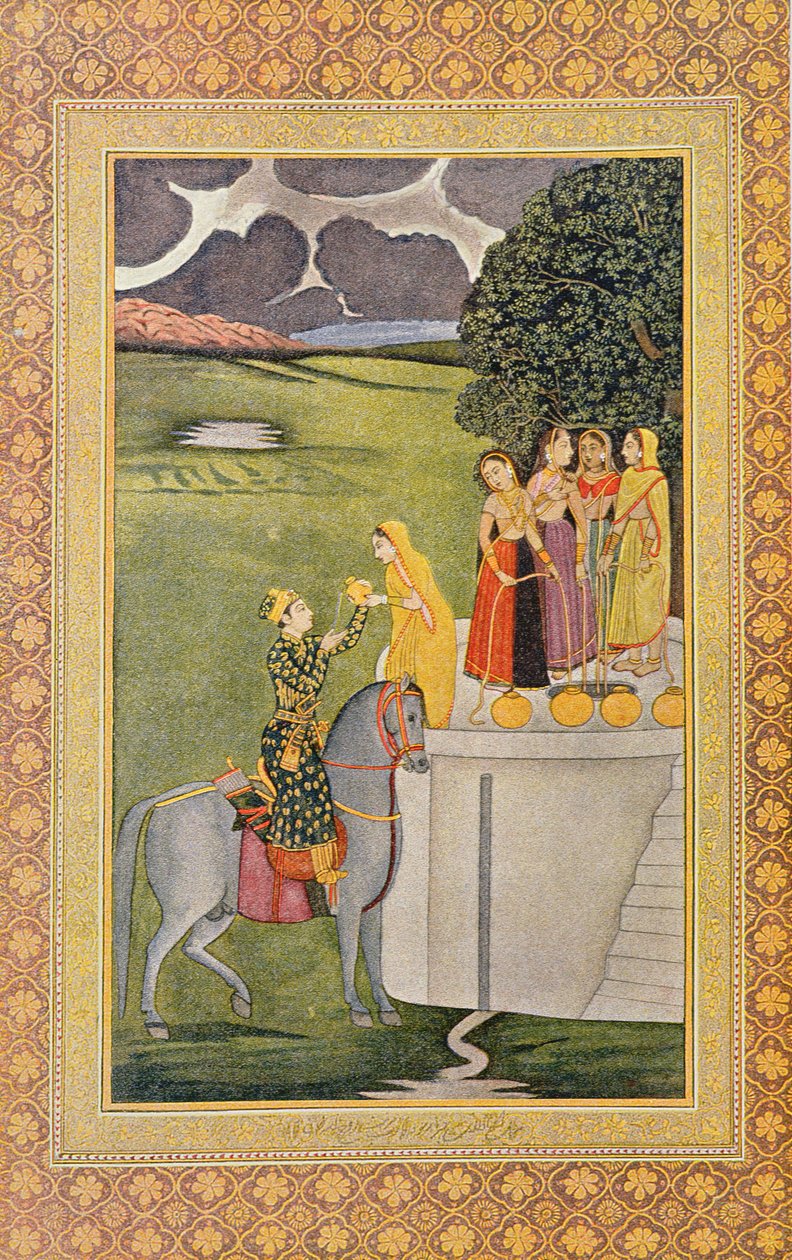 Kuvitus prinssi Nourgilanille ja Face of Lily Adolescent, Arabian Nights, 1895 (värikaiverrus) tekijältä French School
