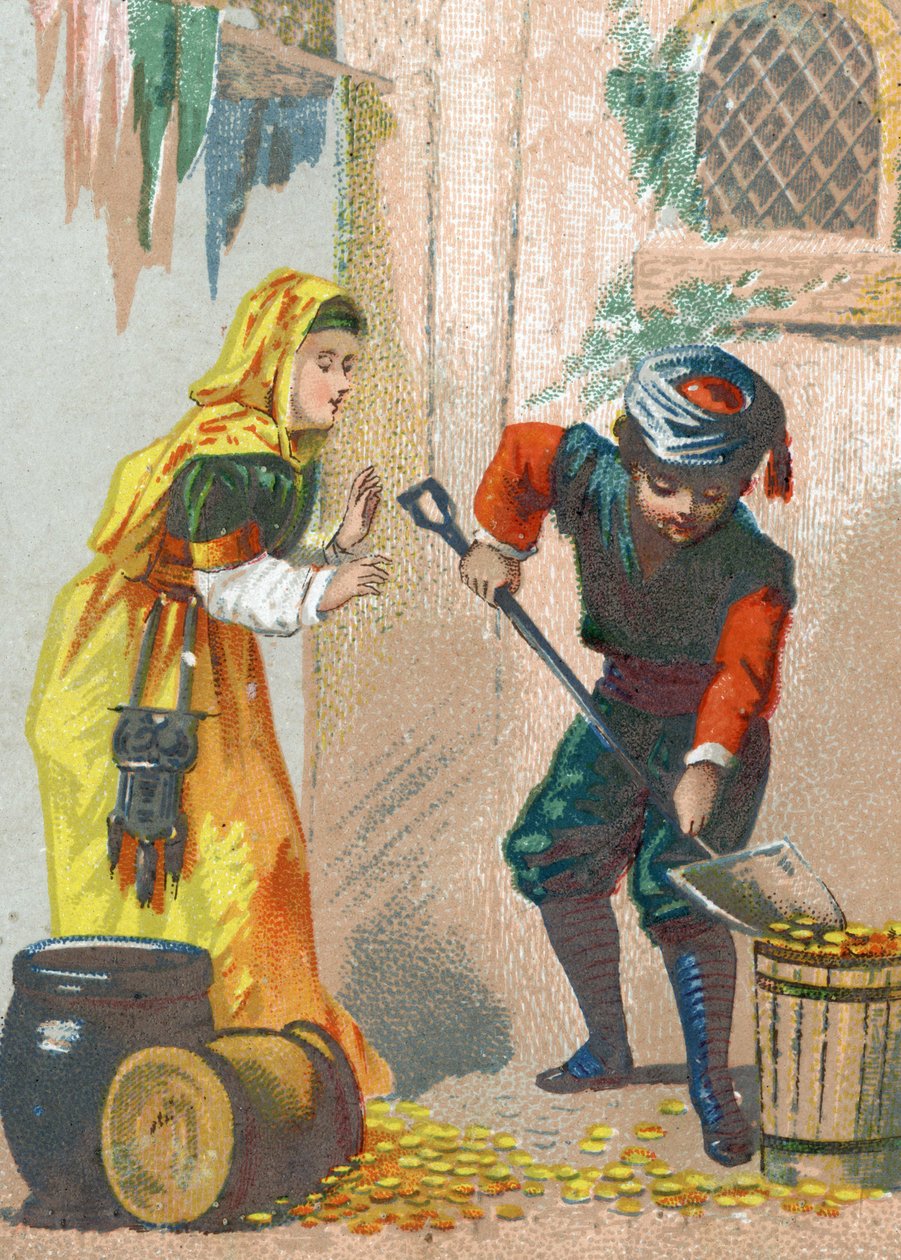 Kuvitus Tuhannen ja yhden yön tarinoihin. Ali-Baba (Ali Baba) lastaa kultaiset aasinsa ja palaa kotiin, kromolitografia noin 1890. tekijältä French School