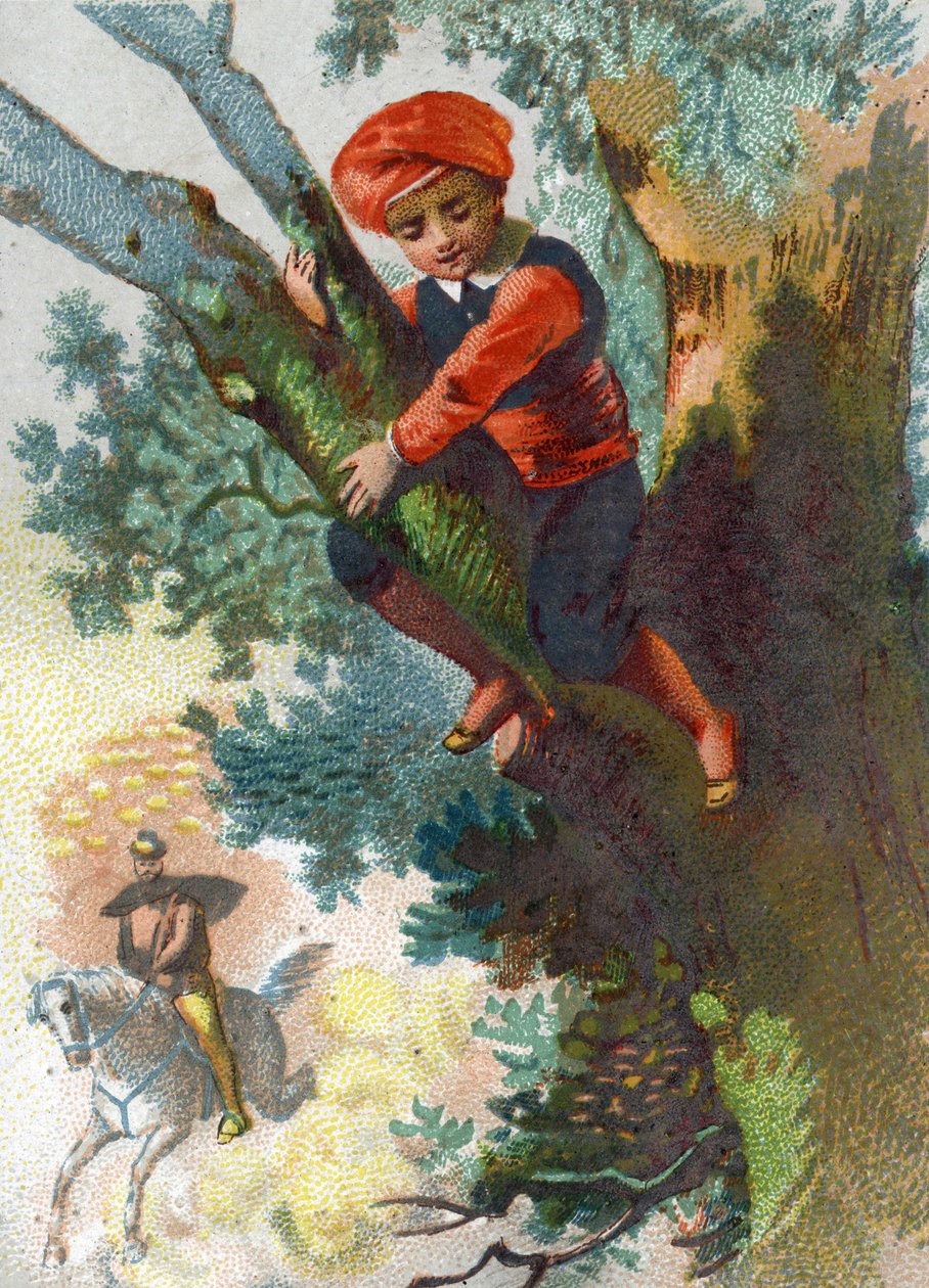 Kuvitus Tuhannen ja yhden yön tarinoihin. Ali-Baba (Ali Baba) näkee joukon varkaita tulevan kaukaa metsään piiloutuu puuhun. Kromolitografia noin 1890. tekijältä French School
