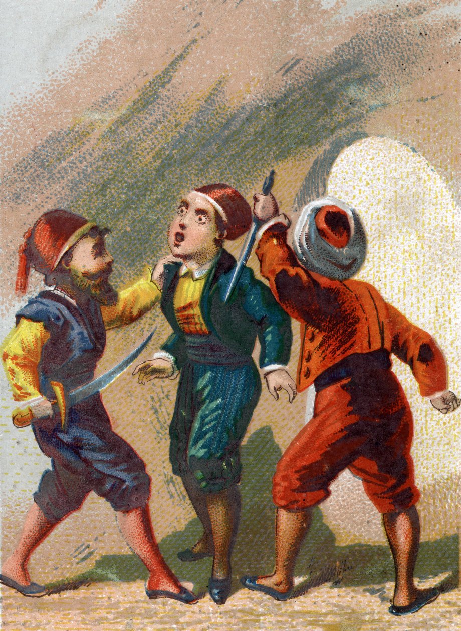 Kuvitus Tuhannen ja yhden yön tarinoihin. Ali Baballe mustasukkainen Cassim (Ali Baba) menee myös luolaan, mutta unohtaa sanan mennä ulos ja varkaat murhaavat hänet. Kromolitografia noin 1890. tekijältä French School