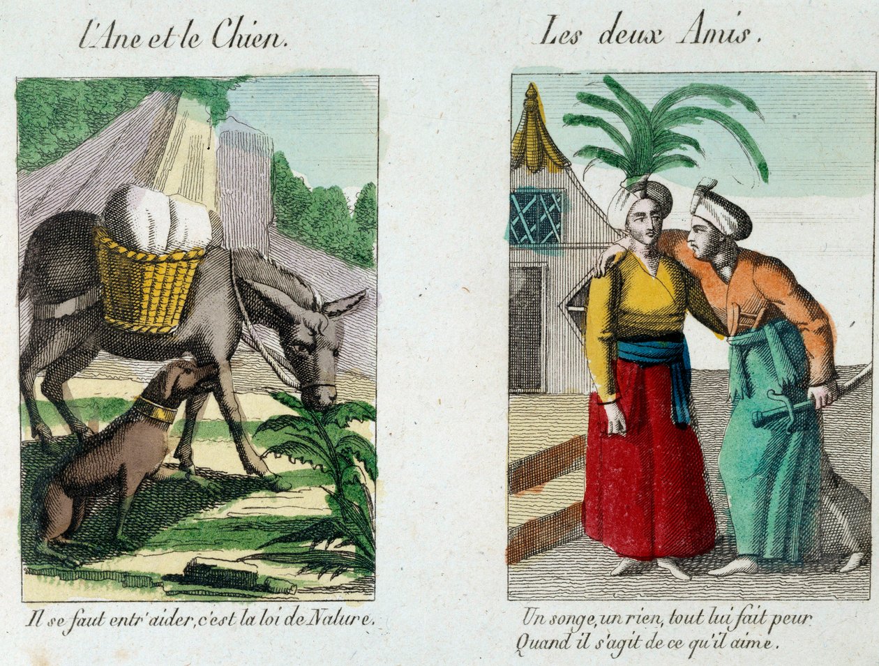 Kuvitus Jean de la Fontainen (1621-1695) taruihin: vasemmalla "" Aasi ja koira""" oikealla "" Les deux amis""" Kaiverrus 1800-luvulta. Musee La Fontaine, Chateau Thierry tekijältä French School