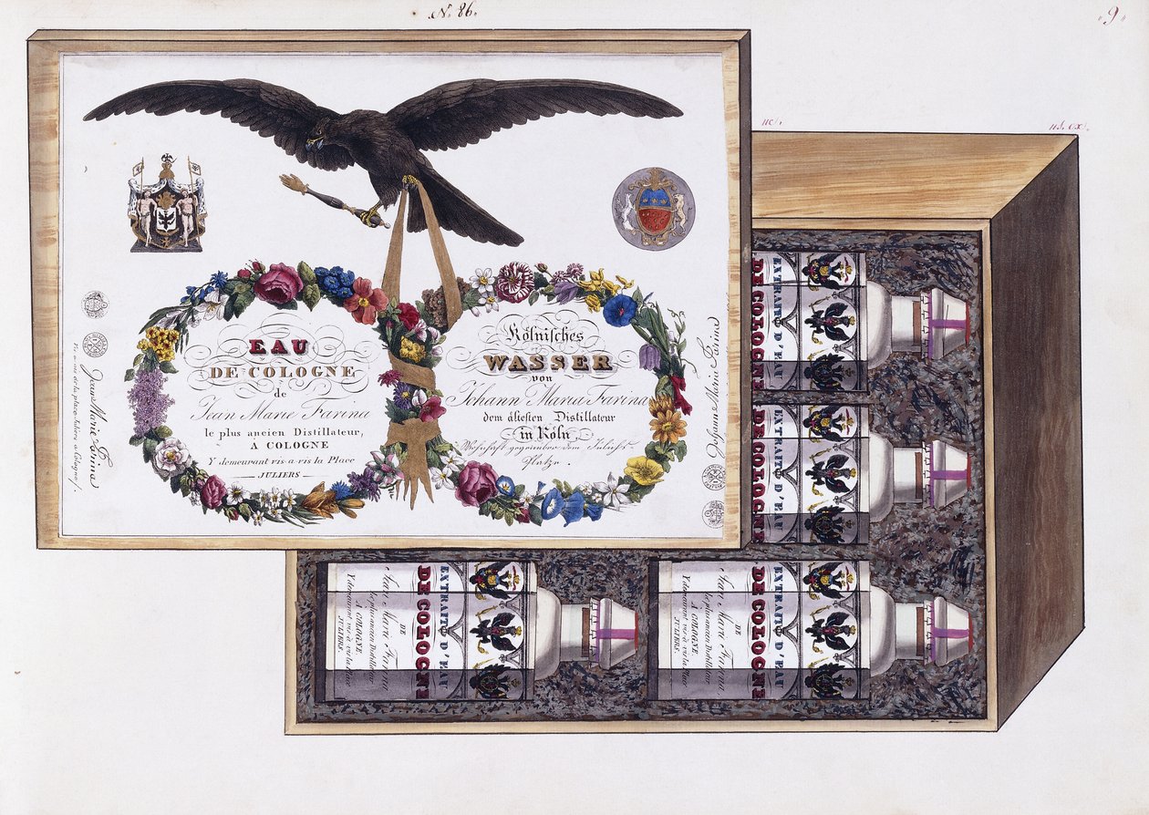 Kuvitus eau de Cologne -pakkauksesta, n. 1825 (akvarelli ja bodycolour) tekijältä French School