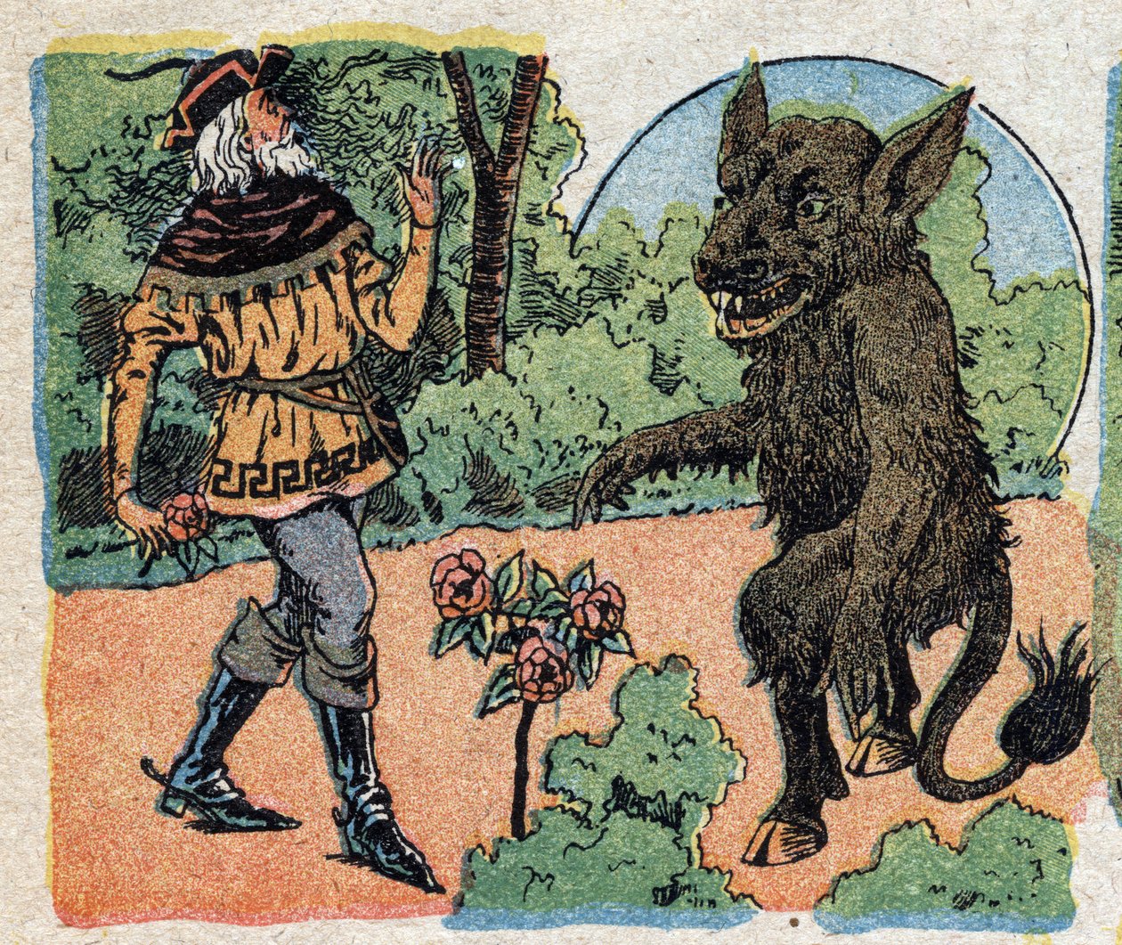 Kuvitus tarinaan "Beauty and the Bete": kauppias leikkaa ruusun Beten puutarhassa tuodakseen takaisin tyttärelleen Bellelle. Kaiverrus Quinnin kuvista, noin 1890. tekijältä French School