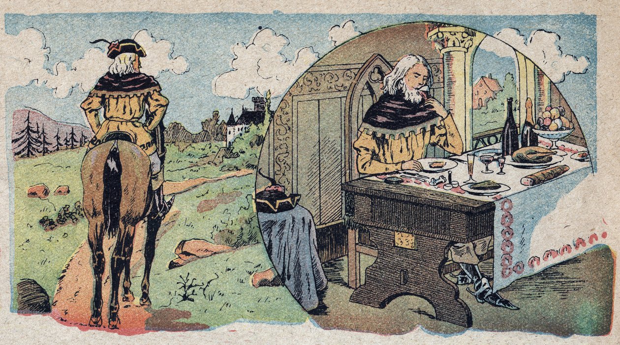 Kuvitus tarinaan "Beauty and the Bete": kauppias eksyi metsään - astuttuaan ruokasaliin. Kaiverrus Quinnin kuvista, noin 1890. tekijältä French School