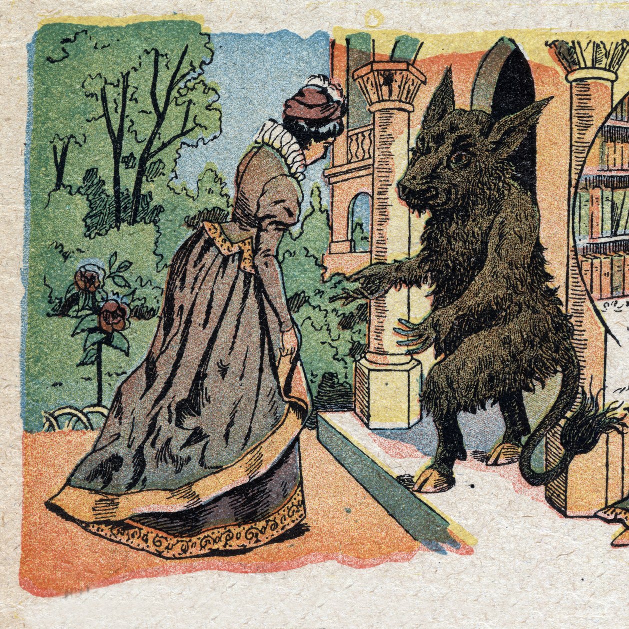 Kuvitus tarinalle "La Belle et la Bete": kaunis saapuu Beten linnaan. Kaiverrus Quinnin kuvista, noin 1890. tekijältä French School
