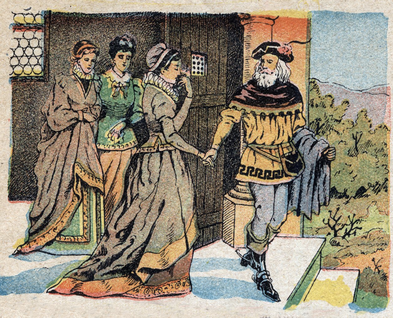 Kuvitus tarinaan "La Belle et la Bete": matkalle lähtevä kauppias sanoi hyvästit kolmelle tyttärelleen ja lupasi heille lahjan palattuaan. Kaiverrus Quinnin kuvista, noin 1890. tekijältä French School